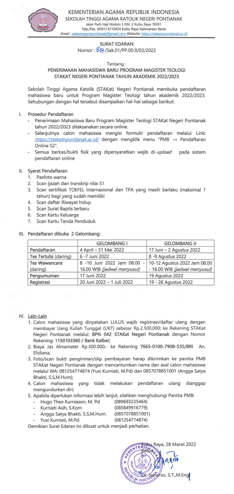 Penerimaan Mahasiswa Baru Program Magister STAKat Negeri Pontianak Tahun Akademik 2022/20233